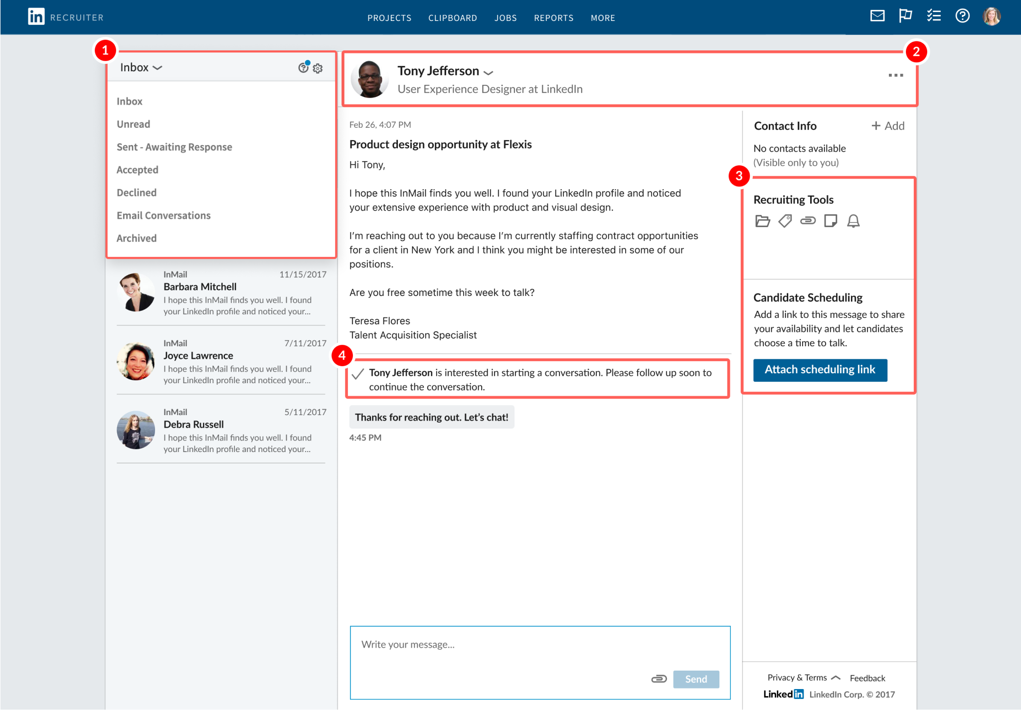 The original LinkedIn Recruiter inbox, annotated with the four problem areas surfaced in research