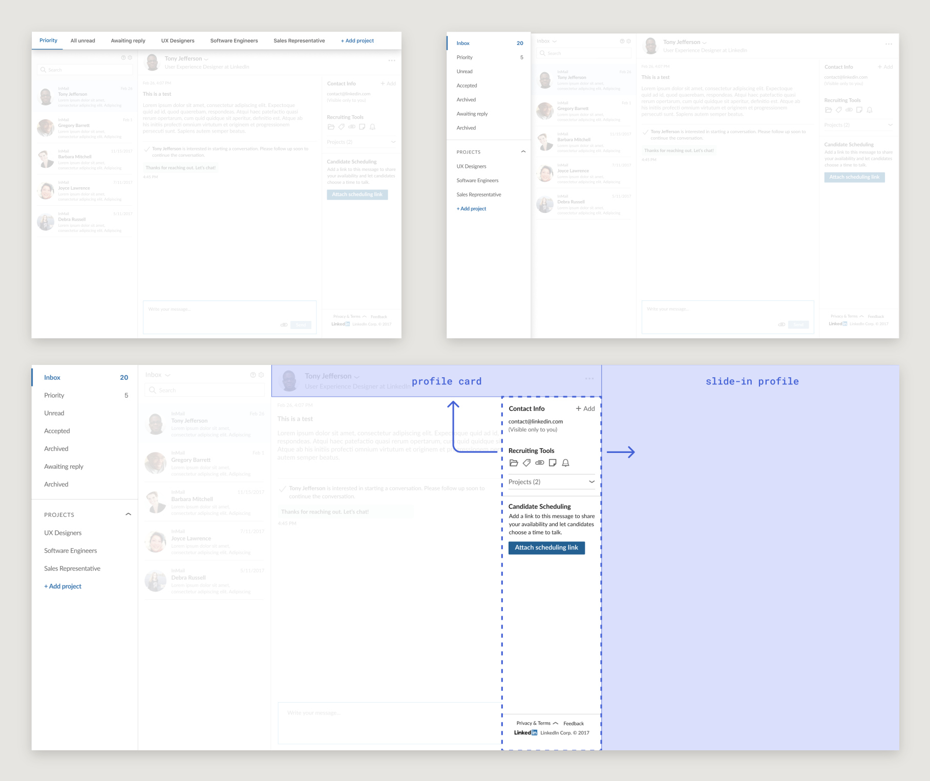 Early concepts compared: folders as tabs across the top, a persistent left panel layout, and profile details moved into a slide-in panel