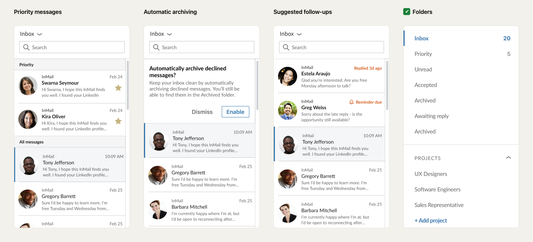 Four inbox concepts compared: priority messages, automatic archiving, suggested follow-ups, and folders, with folders as the chosen direction