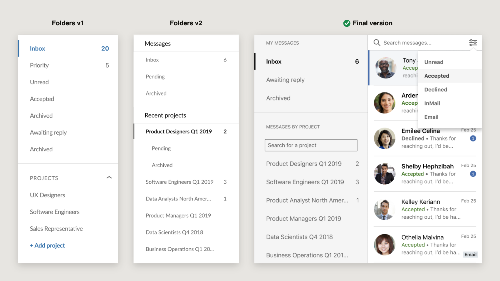 Three iterations of the folders panel: an early flat list, a version with recent projects grouped underneath, and the final version with a condensed folder list and status filter
