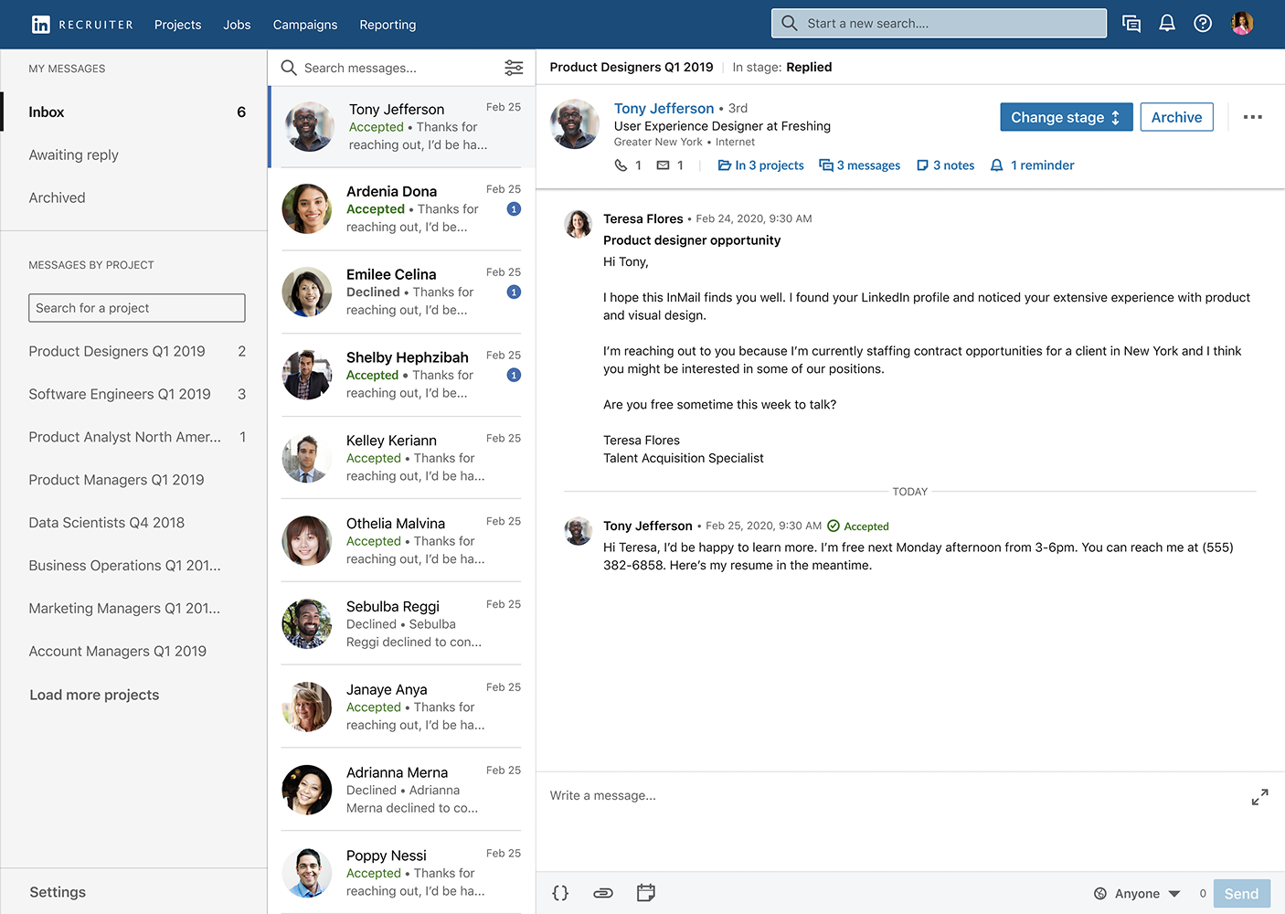 LinkedIn recruiter messaging inbox