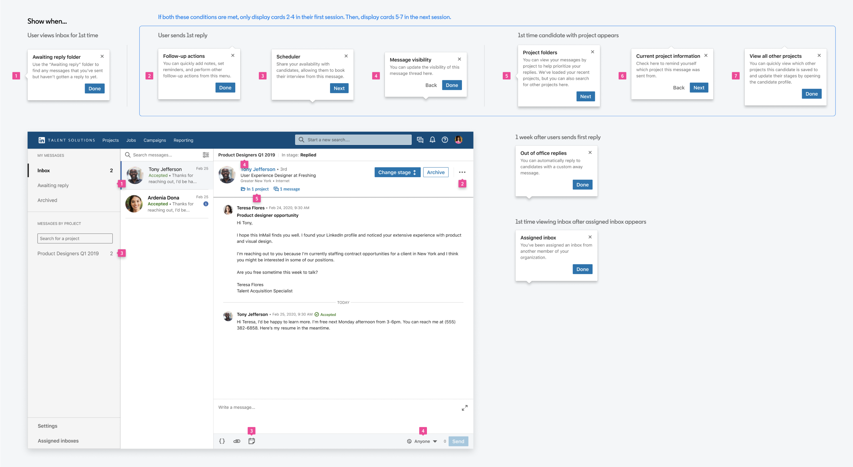 Onboarding tooltip sequence mapped to trigger conditions, from a user's first inbox view through follow-up actions, project folders, and later reminders