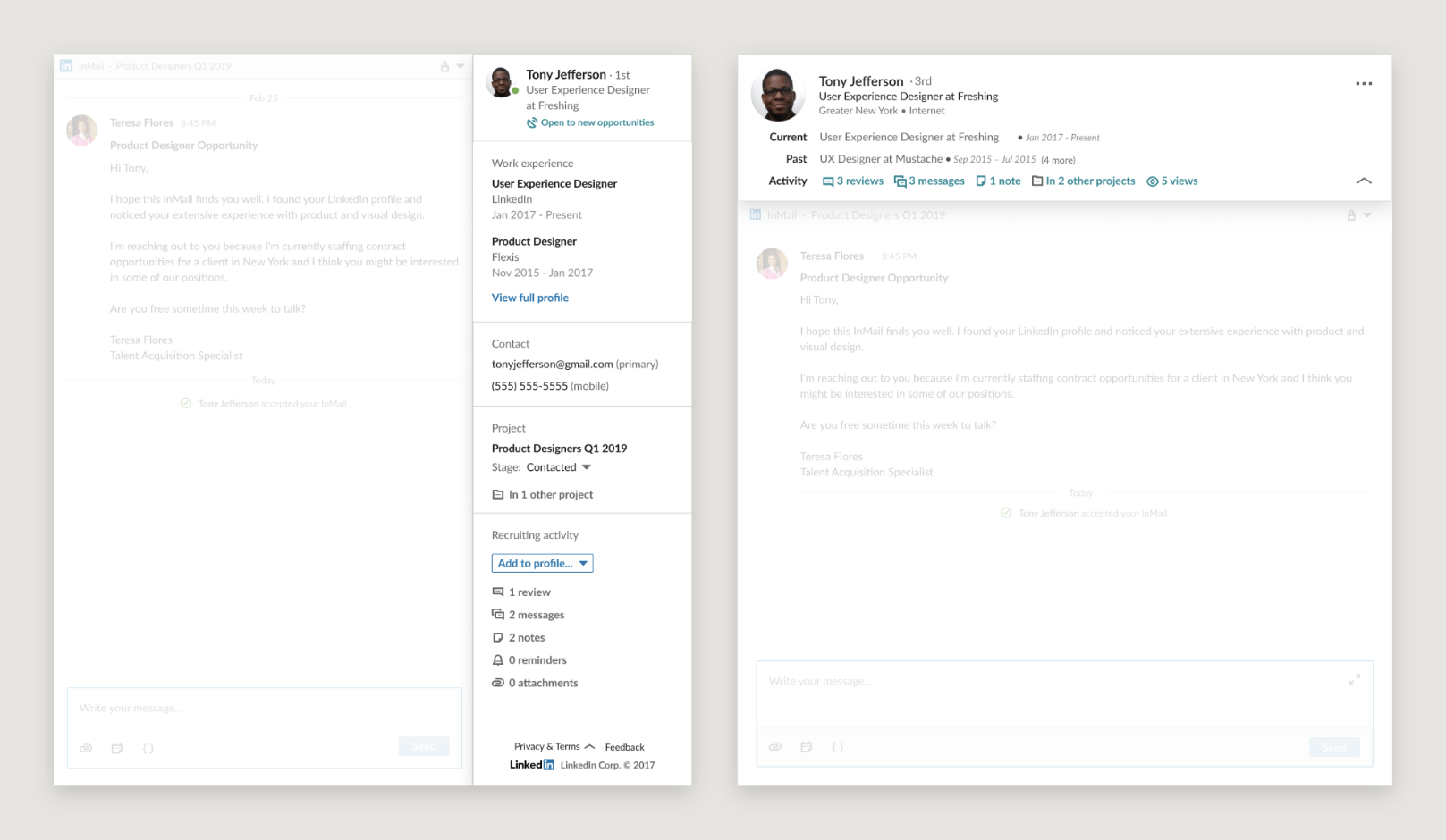 Comparison of the original slide-in profile with a full right panel against a condensed profile card with an expanded activity summary