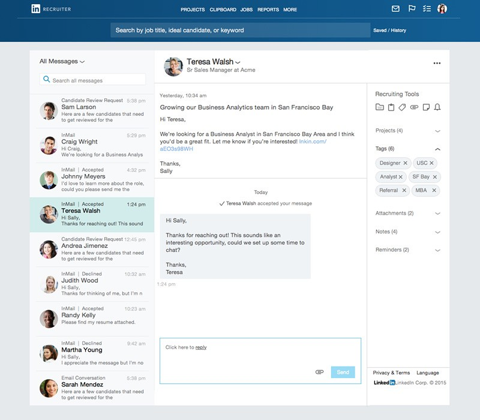 Screenshot of LinkedIn Recruiter's inbox/messaging, circa early-to-mid 2010s