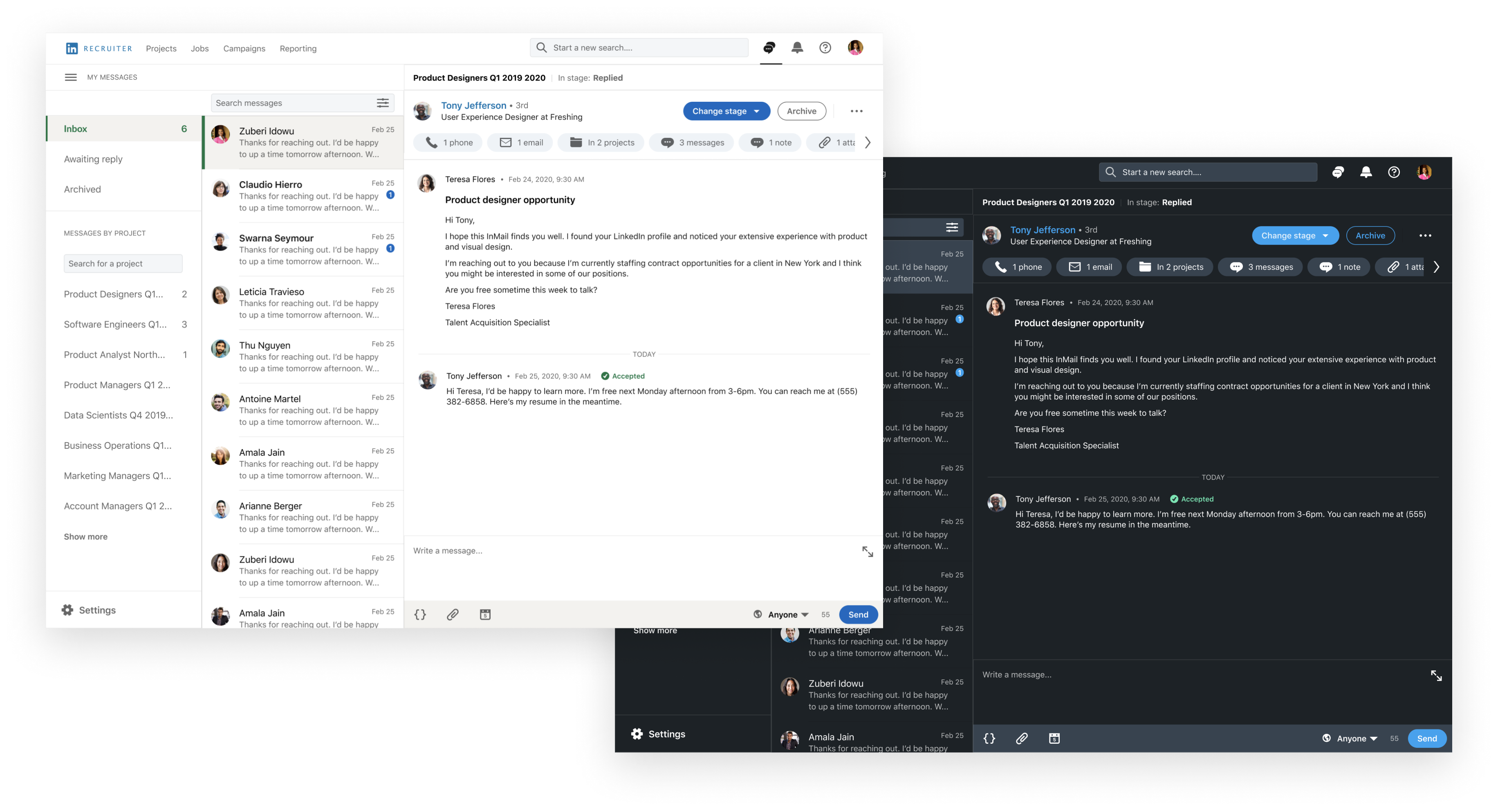 Early exploration of the Recruiter inbox in the new design language, including a dark mode variant