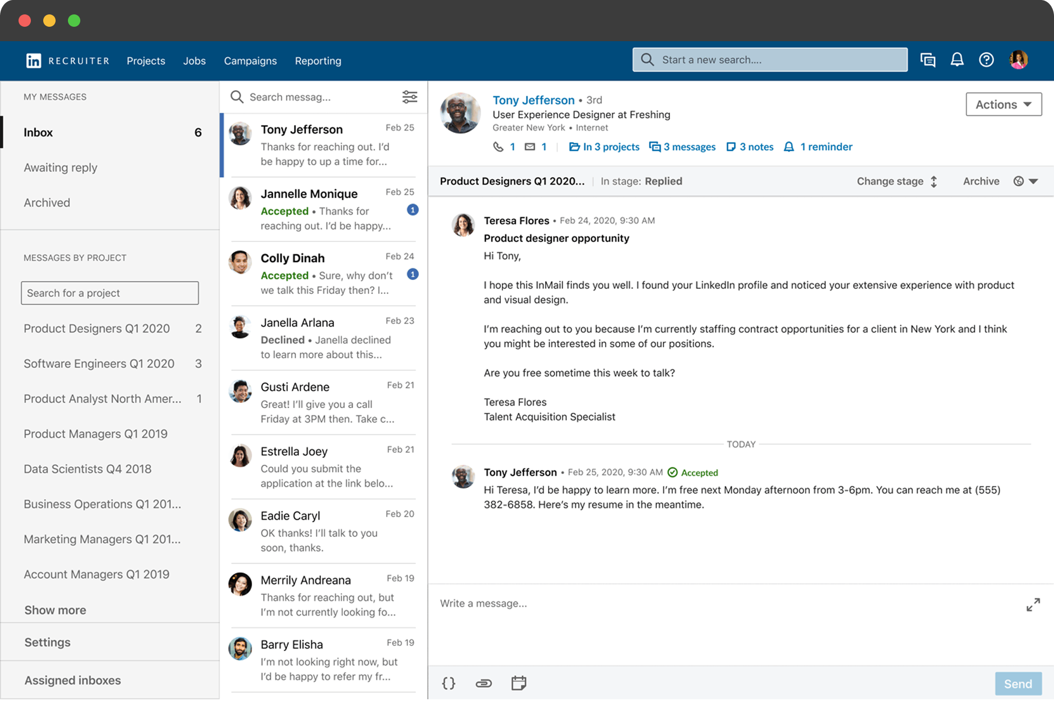 LinkedIn recruiter messaging inbox