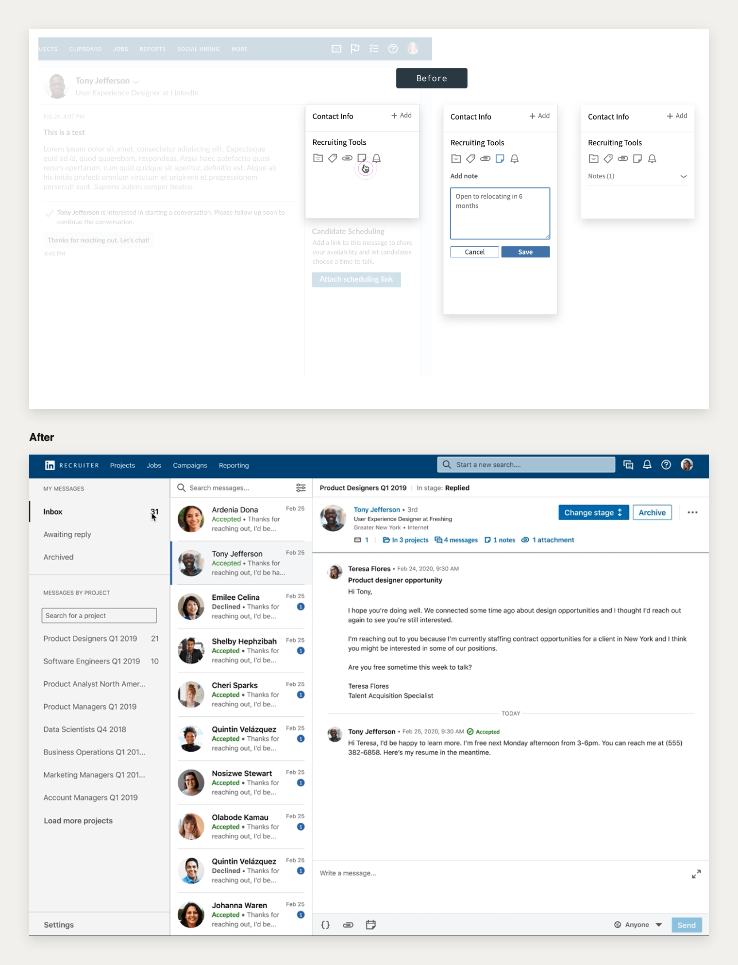 Before and after: the original note-adding flow with a hidden text field, versus the final redesigned Recruiter inbox