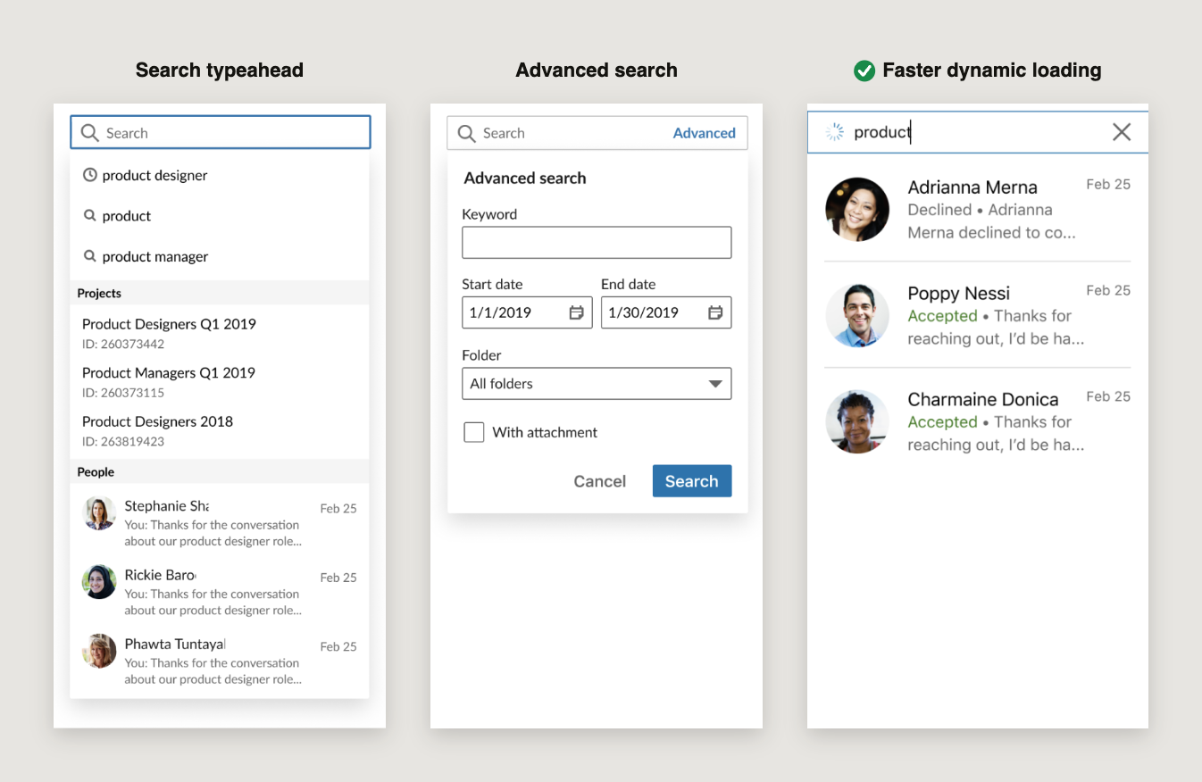 Three search explorations: a role-based typeahead, an advanced filtered search modal, and the shipped direction of faster dynamic loading on the existing search