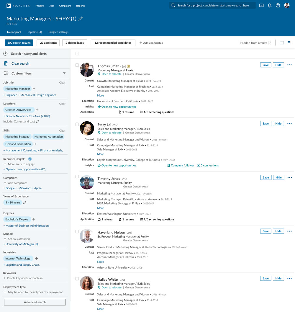 A candidate search results screen elsewhere in the Talent Solutions platform, sharing the same design language