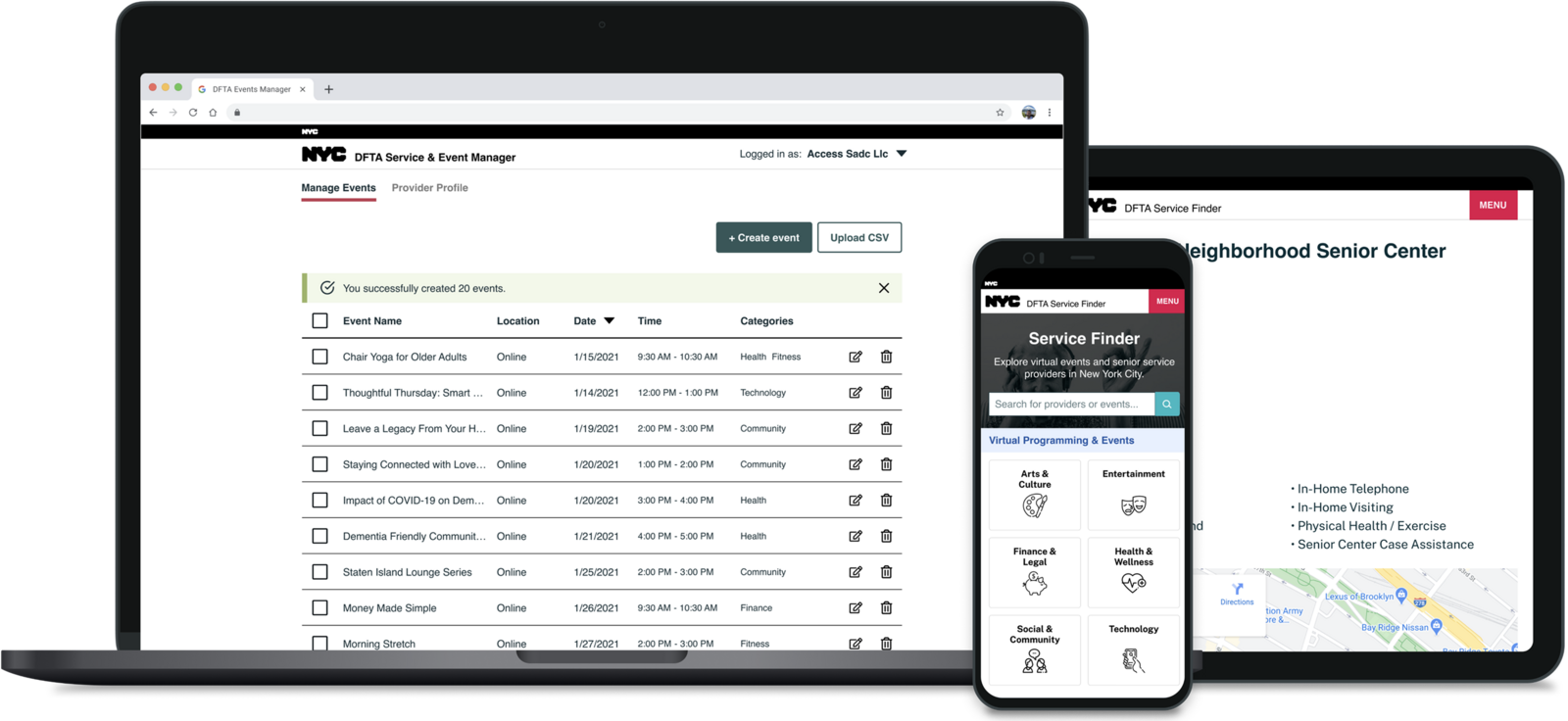 NYC Senior Service Finder shown on laptop and phone