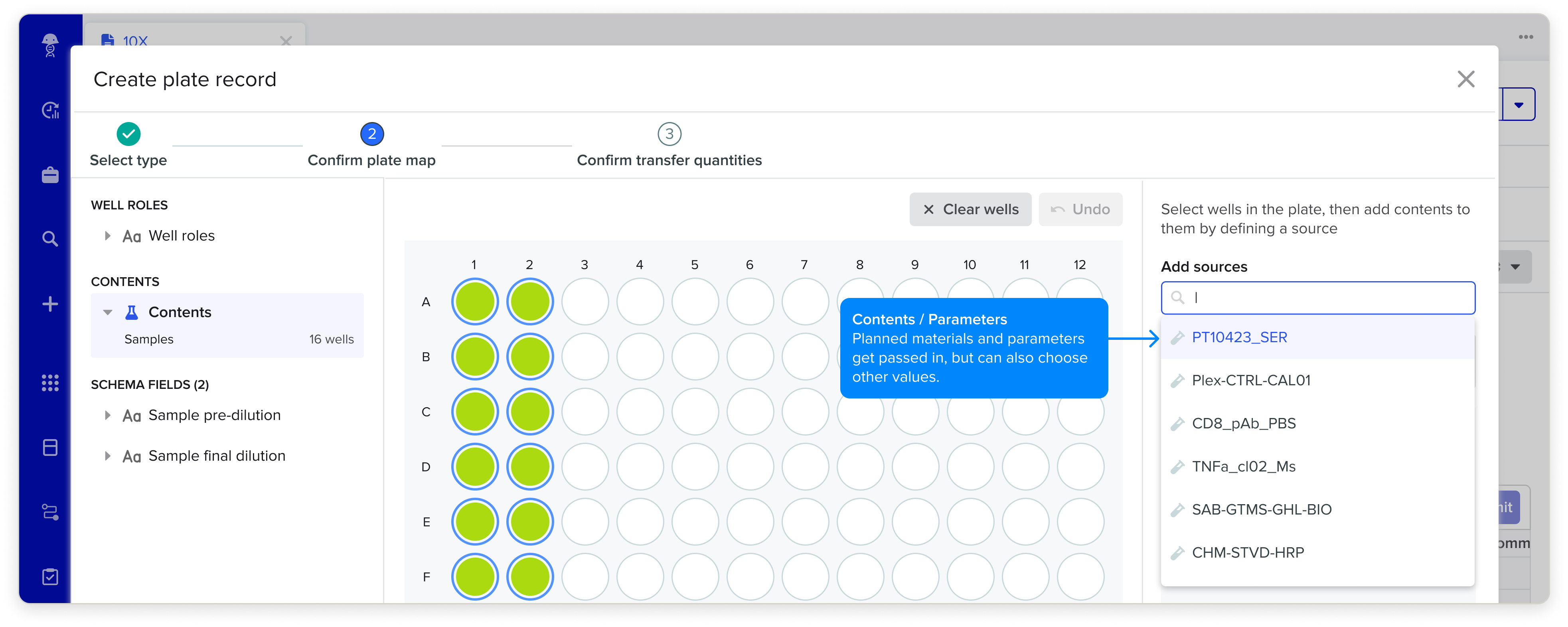 Create plate record dialog on the Confirm plate map step, with sixteen filled wells, a contents panel on the left, and a sources list of planned materials on the right
