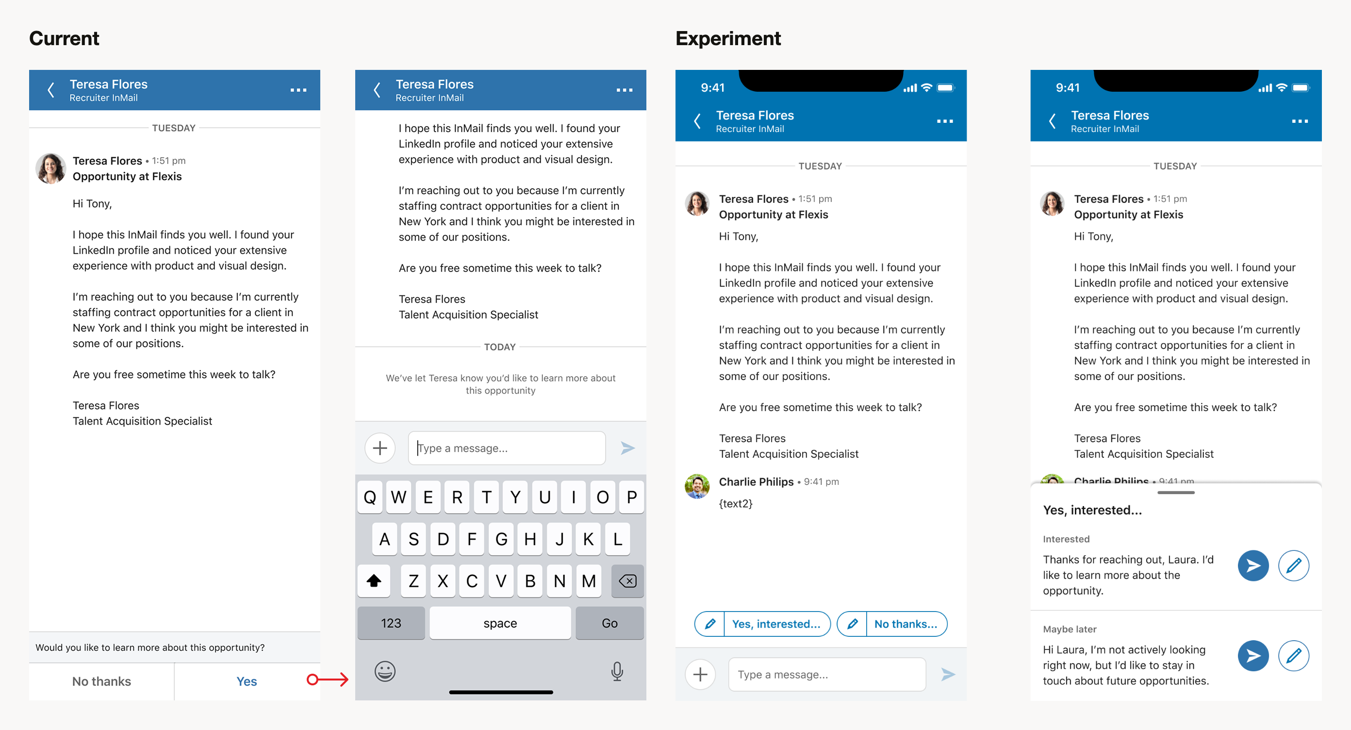 Side by side comparison of the current messaging experience and the A/B test experiment variant