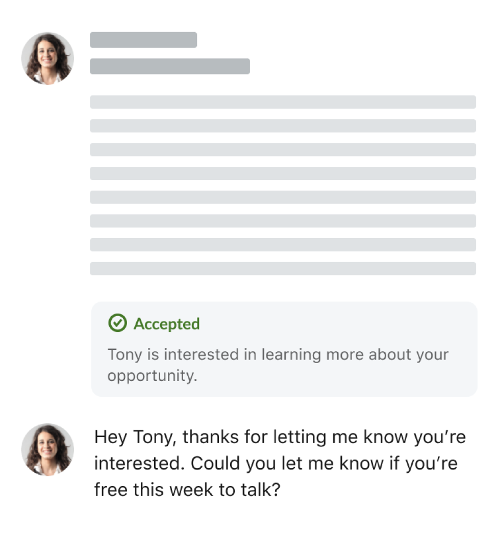 Wireframe of an accepted message with no reply text, followed by the recruiter asking the candidate to actually respond