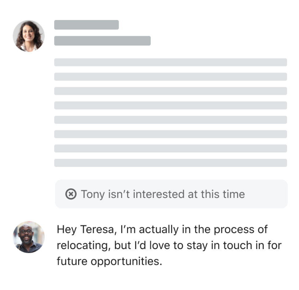 Wireframe of a decline forced into a binary no, followed by the candidate manually explaining they'd still like to stay in touch for future roles