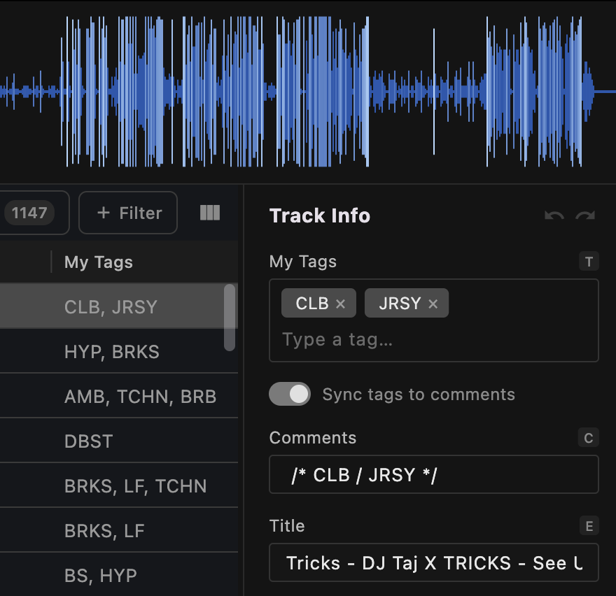 RB Tagger Track Info panel showing tag chips below a waveform