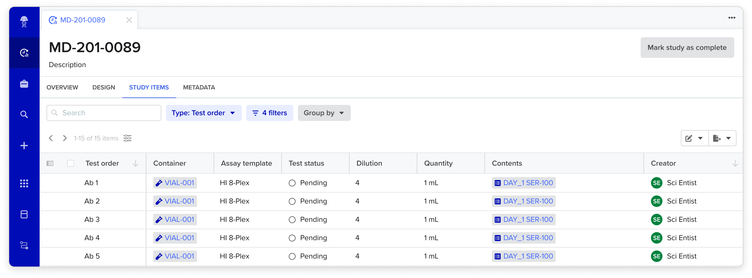 Study items tab filtered to test orders: fifteen rows pairing each test with its container, assay template, pending status, dilution, quantity, and sample contents