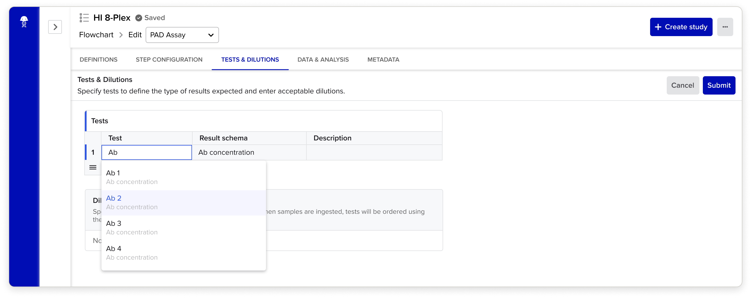 Tests & dilutions tab of a PAD assay: a Tests table pairing each test with a result schema, with a dropdown open on the available antibody tests, above a section for acceptable dilutions