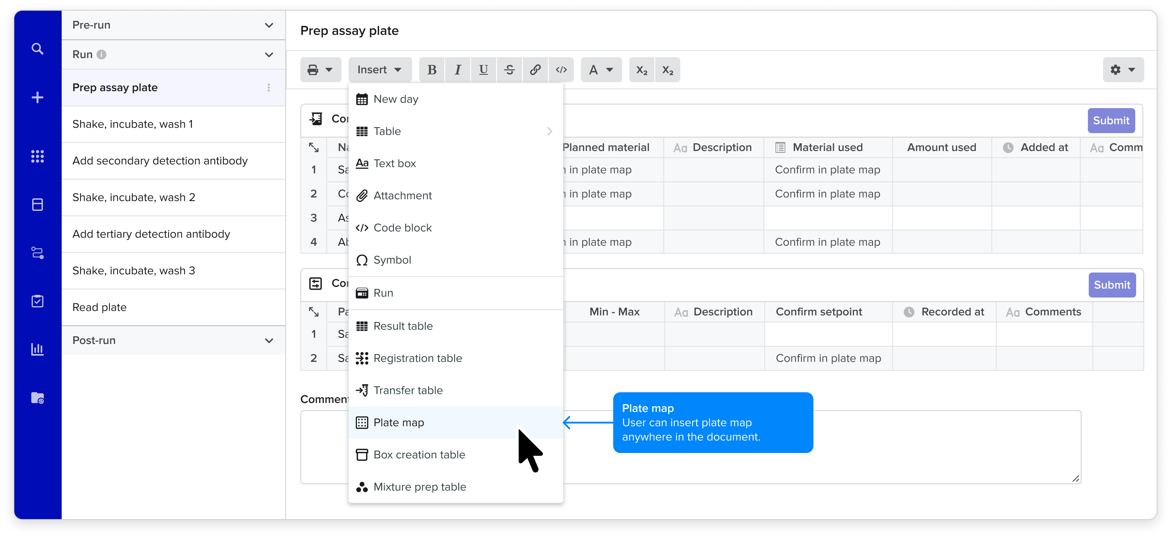 A worksheet step called Prep assay plate with the Insert menu open, showing Plate map among the options that can be added to the document